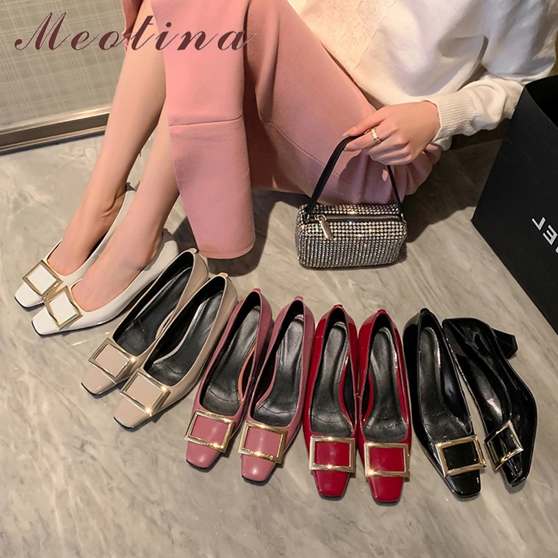 Meotina/ Женские туфли-лодочки из натуральной кожи с квадратным носком на толстом среднем каблуке с металлическим украшением, женская свадебная модная обувь, весна-осень, красный цвет