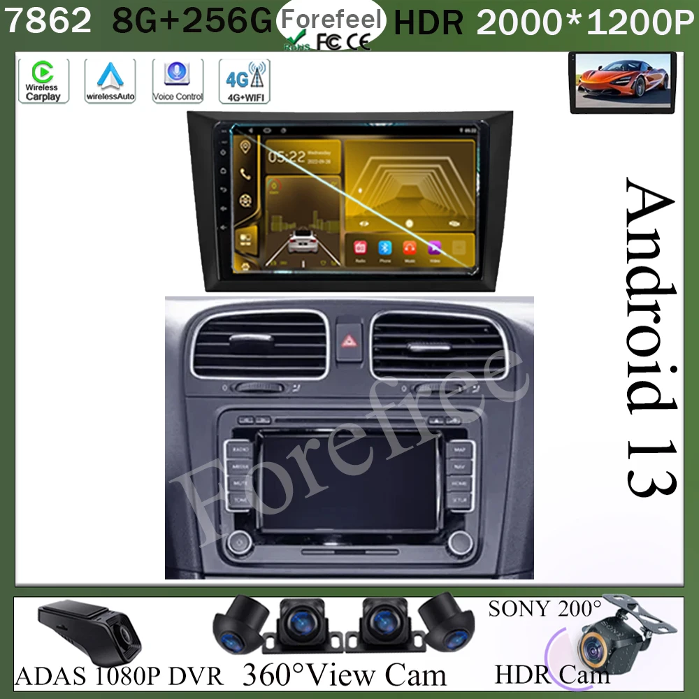 Android 13 Для Volkswagen Golf 6 2008-2016 Автомобильный Видео Автомобильный Радиоплеер GPS Мультимедиа Carplay Сенсорный QLED Экран WIFI DVD DSP