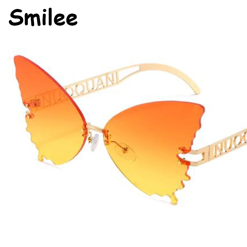 Уникальные негабаритные солнцезащитные очки-бабочки без оправы с оранжевым градиентом, женские очки с большим кошачьим глазом, модные оттенки с буквами на висках UV400