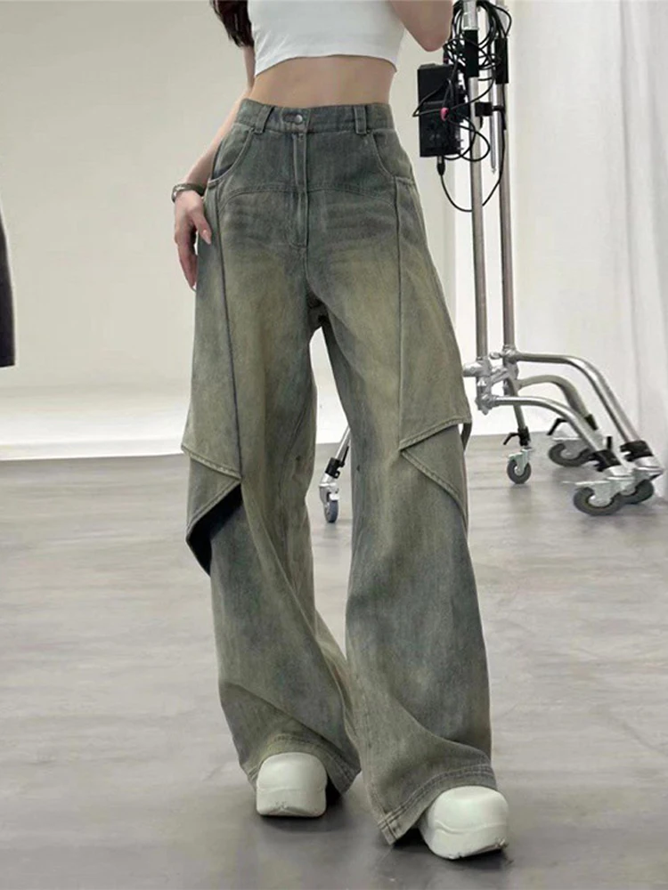 Лоскутные женские джинсы с высокой талией, однотонные винтажные Широкие Длинные женские брюки 2024, Весенняя мода, повседневные карманы, Прямые женские брюки