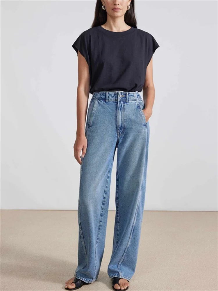 Женские изогнутые джинсы с высокой талией, синие повседневные брюки на молнии 2024, весна-лето, женские широкие джинсовые длинные брюки