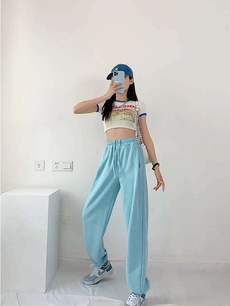 Корейские Бело-синие брюки Женские с высокой талией, Свободные шаровары на завязках, Повседневные Удобные Женские Спортивные Уличные брюки S-XL