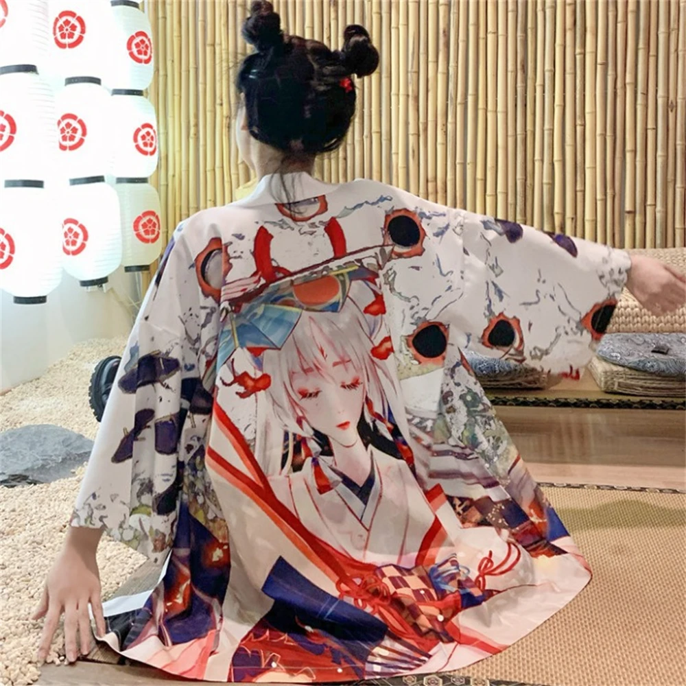 Женский кардиган с белым принтом в стиле харадзюку, японское кимоно, модные Азиатские летние топы, Повседневные кимоно, блузка для косплея