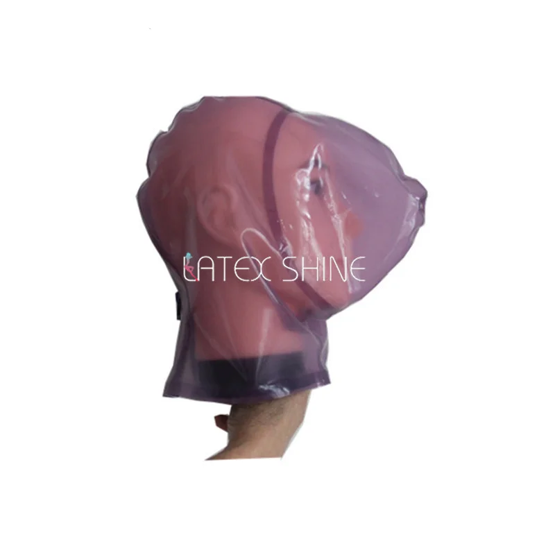 Прозрачная фиолетовая латексная фетиш-маска с капюшоном, открытым маленьким ртом, играющим дыханием, с застежкой-молнией сзади