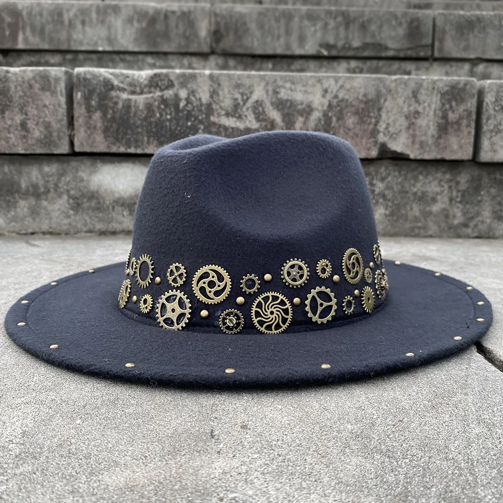 Женская мужская фетровая шляпа в стиле панк в стиле стимпанк, шерстяная шляпа в стиле панк, акриловые драгоценные камни, джазовая церковная кепка с широкими полями, винтажная панама, солнцезащитный цилиндр