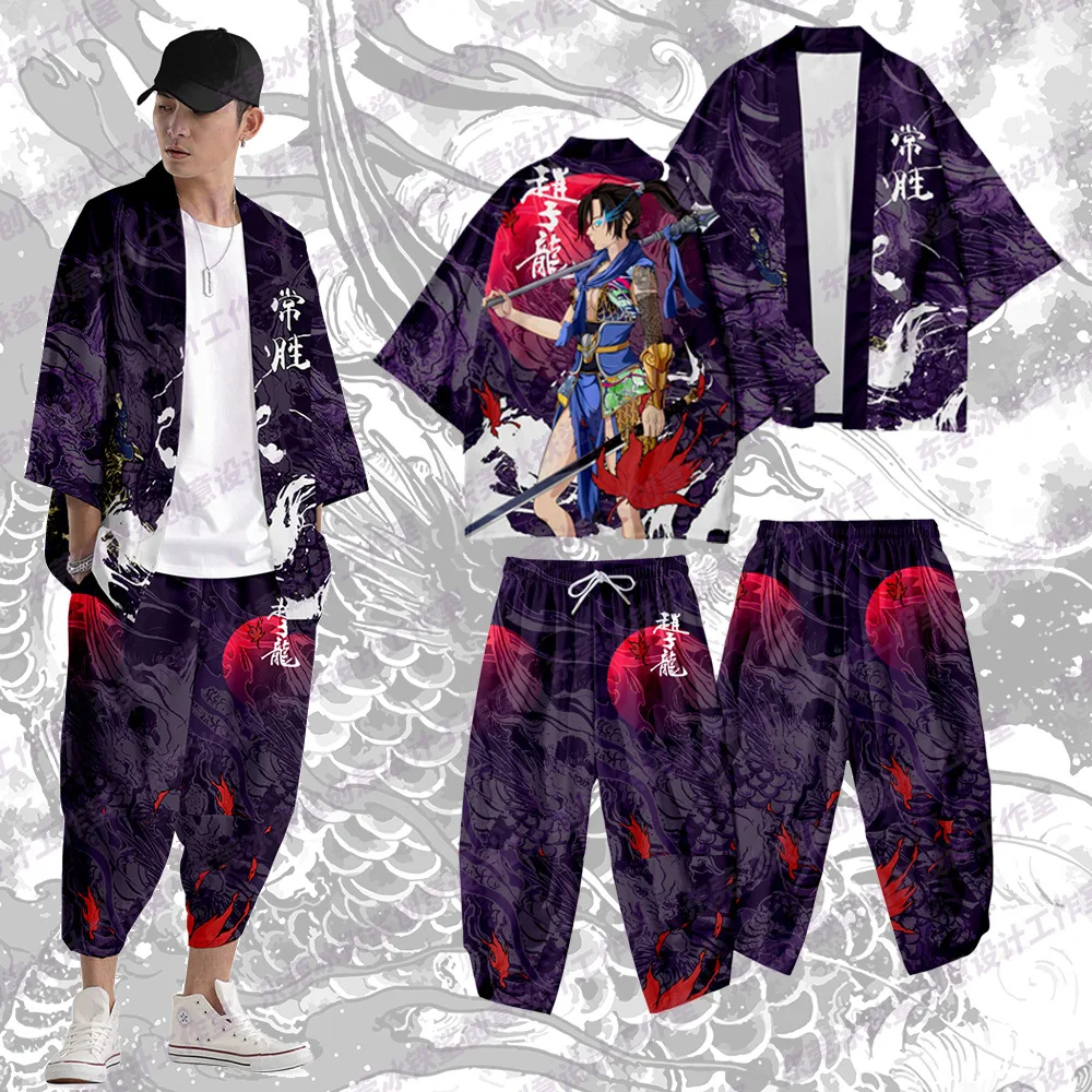 Мужской кардиган с фиолетовым принтом, уличная одежда, мужская рубашка Юката, рубашка-кимоно в китайском стиле Хаори, Традиционная одежда самураев