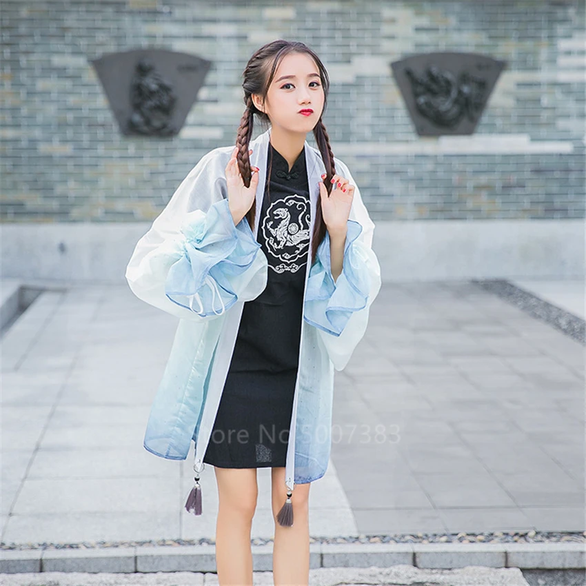 Китайская традиционная одежда Hanfu для мужчин, женщин, девочек, тонкая винтажная вышивка, темный чонсам, градиентный шифоновый кардиган, комплект одежды