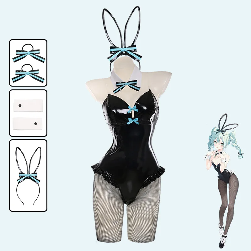 Аниме Mikuku Bunny Girl Боди Кожаное сексуальное платье Костюмы для косплея Парик Lolita Kawaii Женское вечернее платье