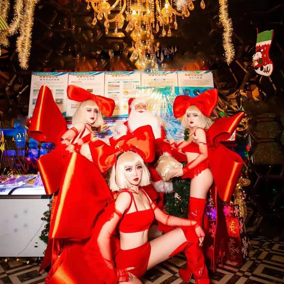 Рождество, Новый год и празднование Нового года gogo сексуальное бикини, красный головной убор с преувеличенным бантом сзади