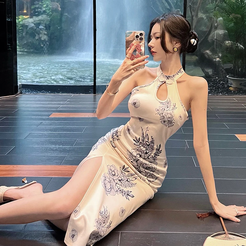 Улучшенное Сексуальное платье Qipao в китайском стиле без рукавов, Женское Летнее Новое платье Cheongsam Vintage с воротником-стойкой Vestidos с высоким разрезом