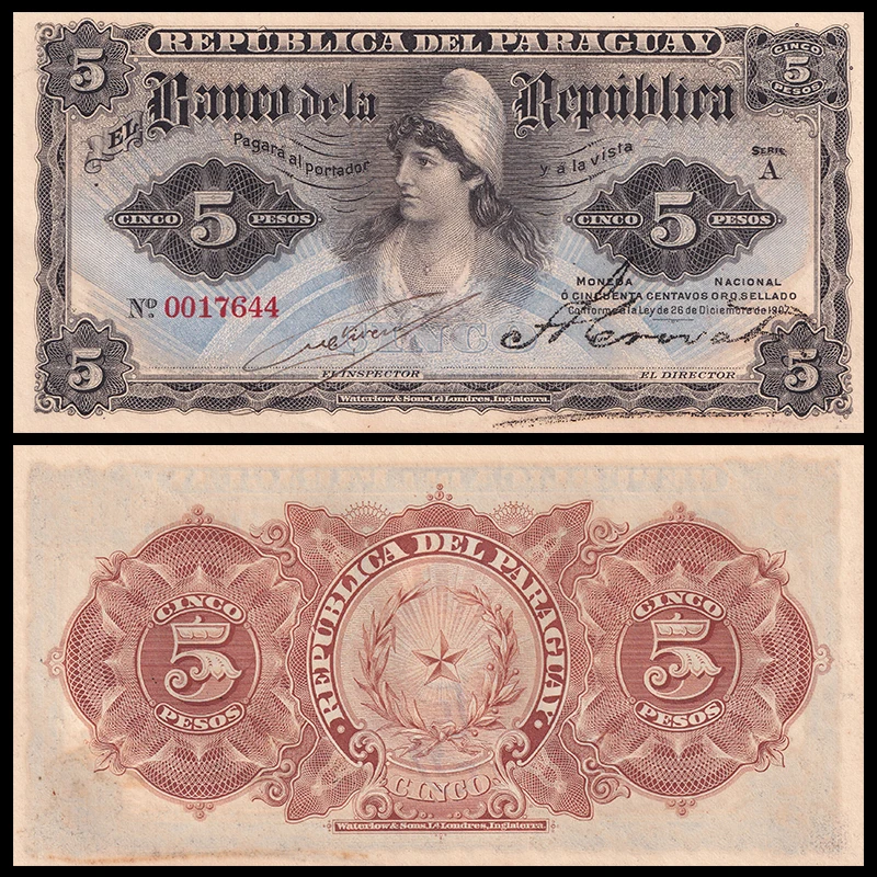 Оригинальные Парагвайские 5 Песо Старые Бумажные Деньги 1907 года Выпуска, Совершенно Новые Банкноты UNC, Предметы Коллекционирования, а не Валюта