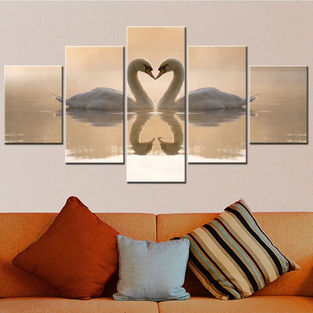 Набор настенных холстов с изображением лебединой пары и сердца, Модульная картина о любви, украшение комнаты, плакаты с видом на озеро для подростков на стене, домашний декор