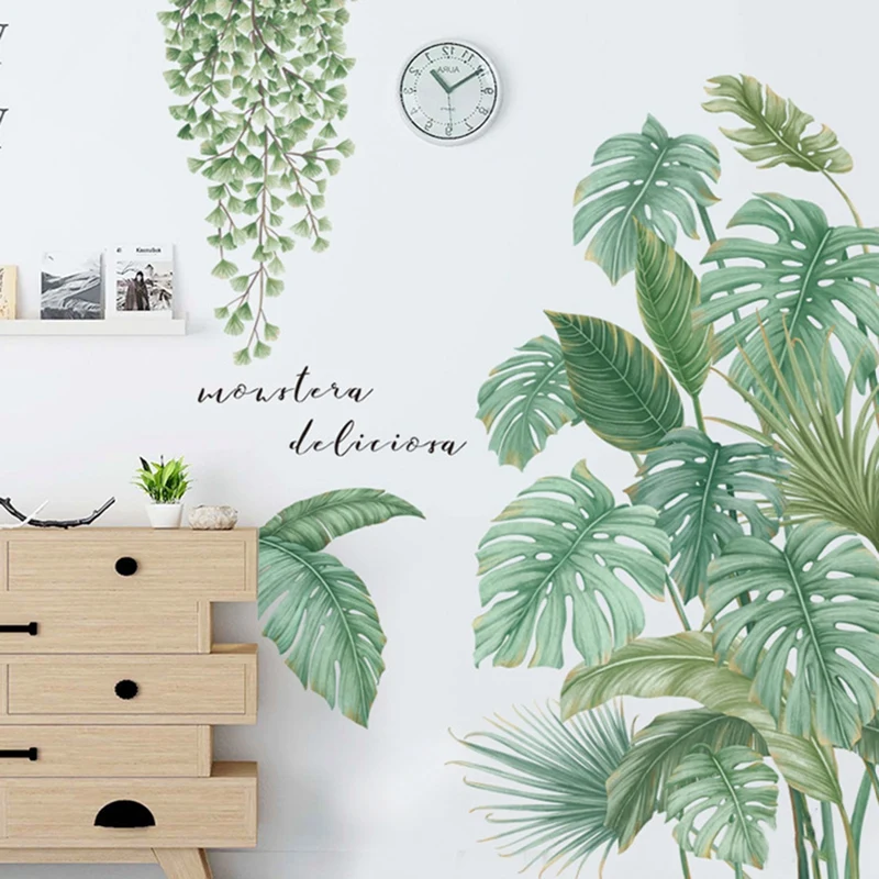 Зеленые растения, листья, Наклейка на стену, Съемные Водонепроницаемые 3D Листья, Наклейка на стену, Фрески для домашнего искусства, Бумажные украшения для гостиной