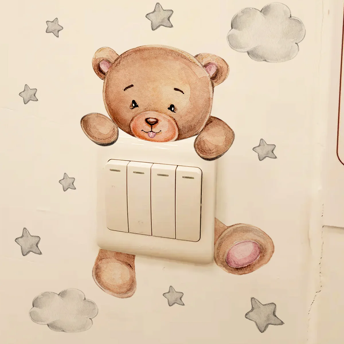 Наклейка с изображением мультяшного медведя со звездой для детской комнаты, украшения спальни, Настенная роспись, Самоклеящиеся обои для домашнего декора, Милые наклейки на стены