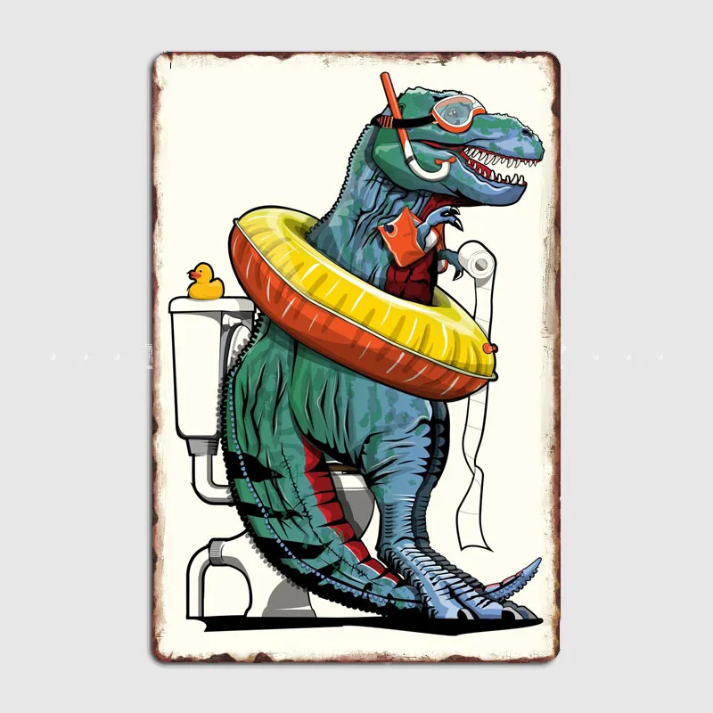 Динозавр Трекс на Унитазе, Забавная Банда Мяса Тираннозавра в Ванной Комнате Металлическая Вывеска На Стене Пещерного Клубного Бара Пользовательские Таблички Жестяной Знак Плакат