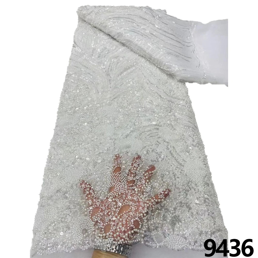 Белая кружевная ткань из бисера 2024 Высококачественная Африканская кружевная ткань Французская вышивка тюль Роскошное свадебное кружево из бисера