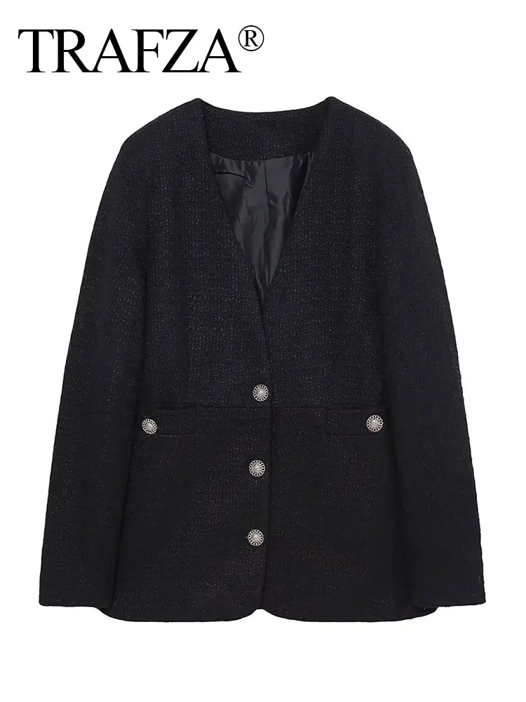 TRAFZA, Модное однотонное свободное пальто-кардиган с V-образным вырезом, женская текстурированная куртка на пуговицах, Женская куртка 2024, Весенний костюм, пальто для женщин