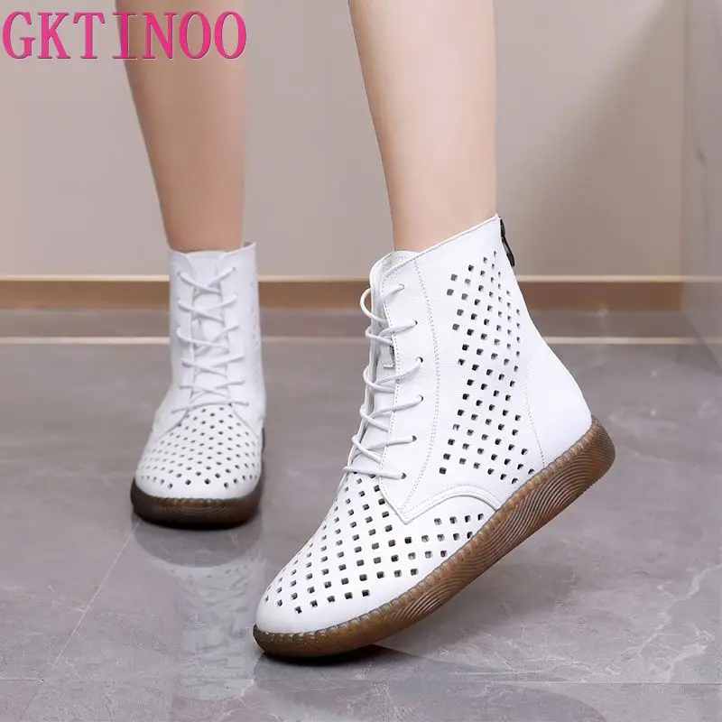 GKTINOO 2023, весенне-летние ботинки из натуральной кожи, дышащие полые ботинки на плоской подошве, Мягкие нескользящие, большого размера, удобная женская обувь.