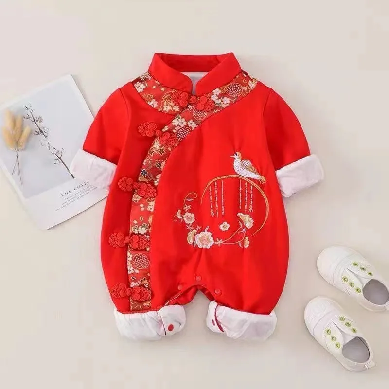 Китайский традиционный комбинезон для девочек, новорожденный малыш, бабочка, Hanfu, красный костюм Тан, ползунки, китайские новогодние наряды на день рождения