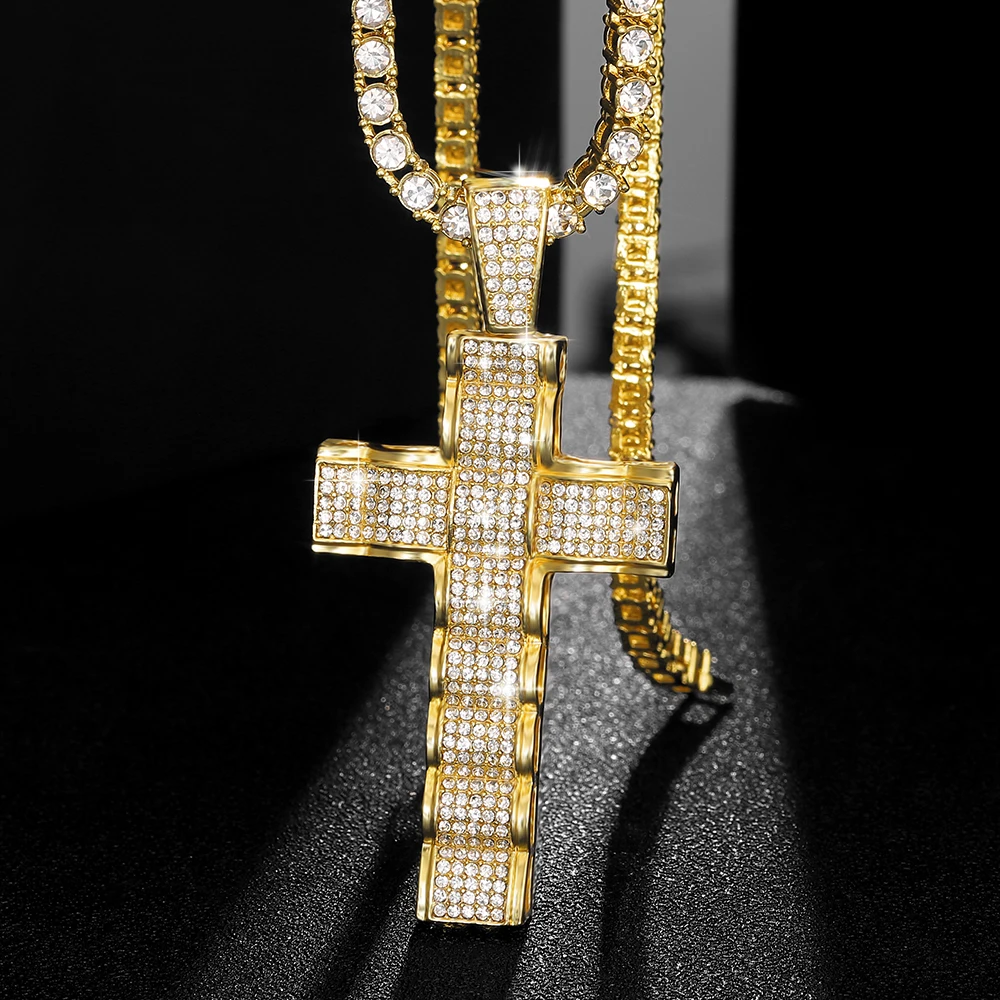 Мужское Женское ожерелье с крестом в стиле хип-хоп с кубинской цепочкой из 12 мм хрусталя, хип-хоп ожерелья с побрякушками Iced Out, модные очаровательные ювелирные изделия