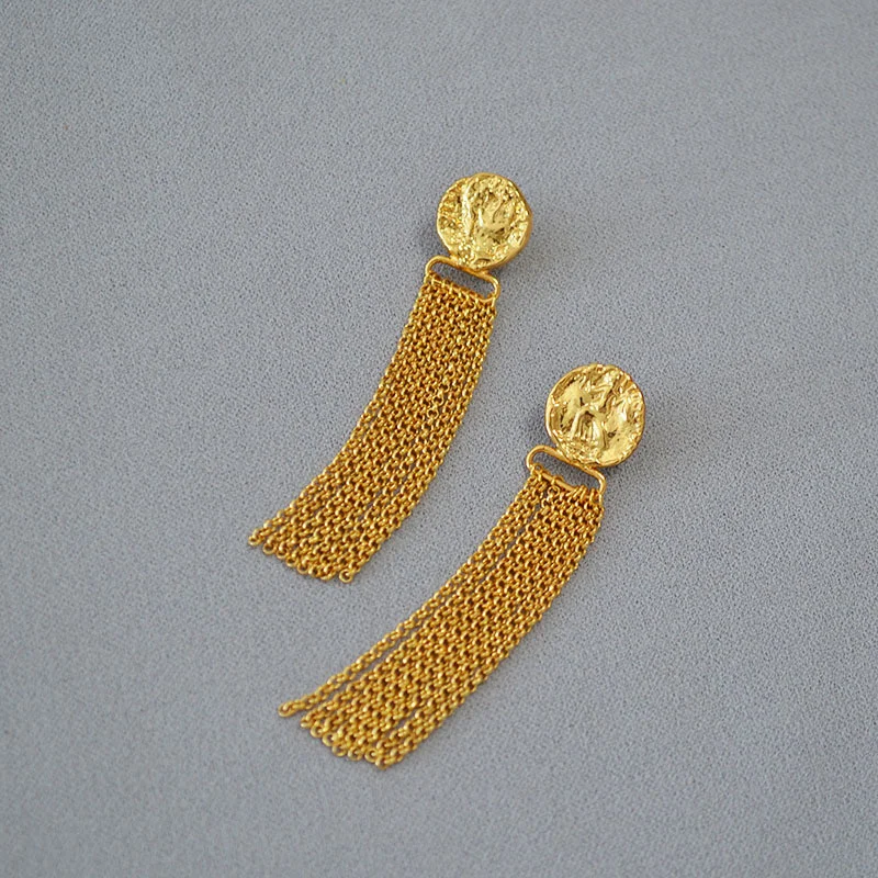 Древнеримская рельефная золотая монета с узором цепочка кисточка ручной работы длинные серебряные серьги-иглы 925 пробы