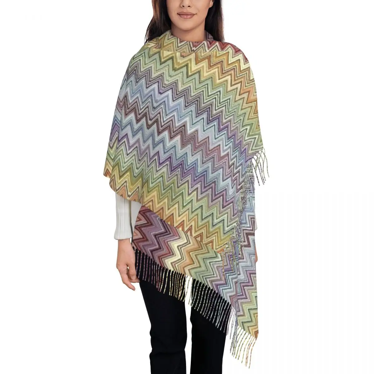 Современный шарф в стиле бохо-шик с зигзагообразной оберткой, женская длинная зимняя теплая шаль с кисточками, унисекс, геометрические разноцветные шарфы