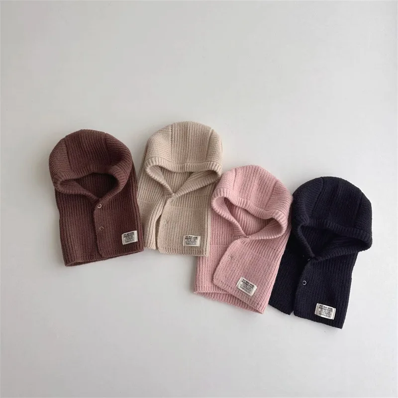 Корейские детские шапочки с капюшоном, цельный шарф, зимняя теплая вязаная шапка-балаклава для защиты ушей, однотонный головной убор для младенцев, капор