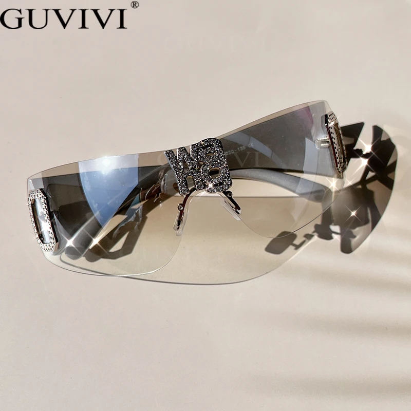 Роскошные солнцезащитные очки без оправы в стиле панк, брендовые дизайнерские солнцезащитные очки с бриллиантами, y2k, серебристые мужские очки с модными оттенками, очки с UV400 оттенками