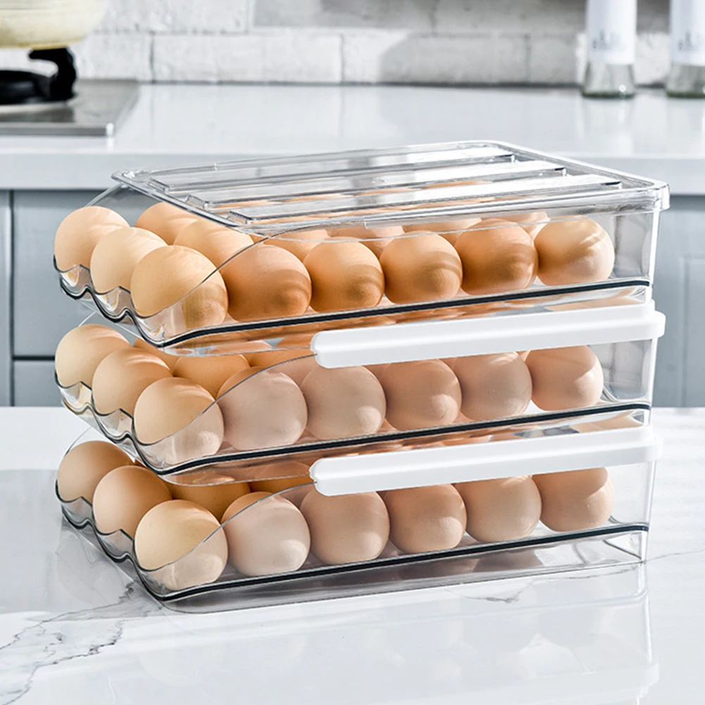 Держатель для яиц Пластиковая подставка для хранения яиц Автоматические холодильные принадлежности на колесиках Бытовая Прозрачная корзина для органайзера холодильника