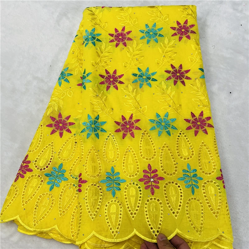 Желтый цвет, дизайн из 100% хлопчатобумажной ткани с камнями, женское платье, кружево, 5 ярдов, Нигерийская ткань