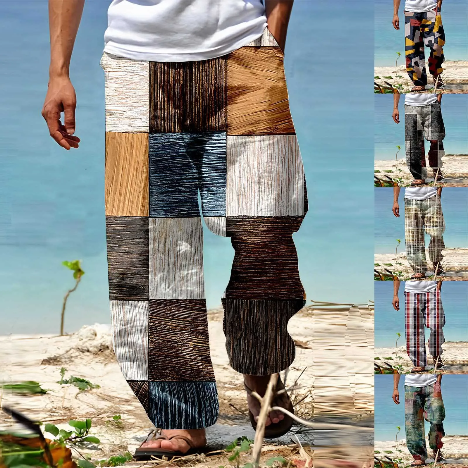 Мужские брюки Летние брюки Пляжные брюки с эластичной резинкой на талии и 3D принтом в полоску Теплый дом Брюки большого размера Спальня с большим