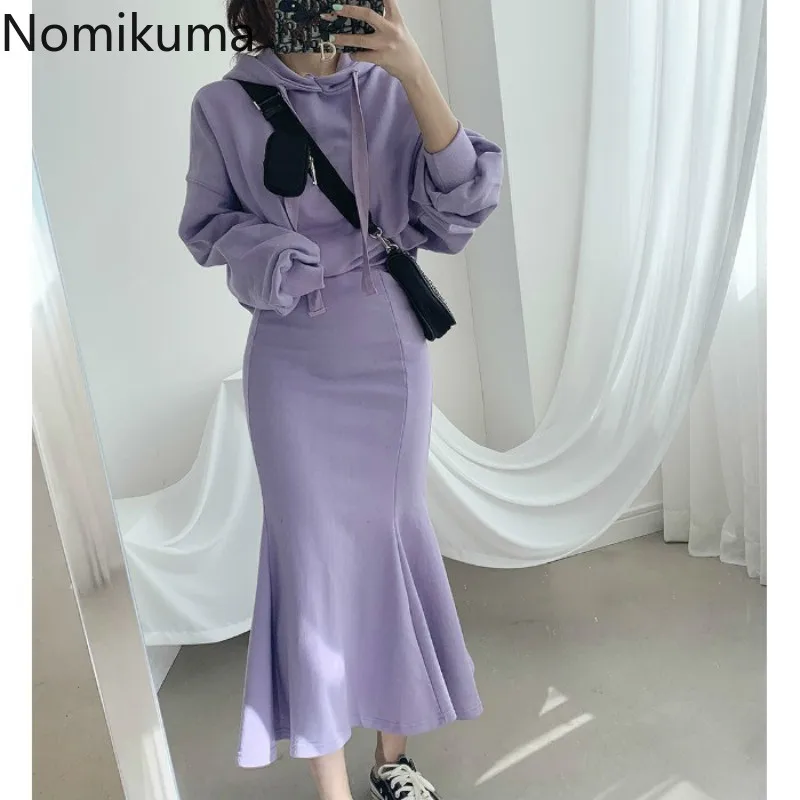Корейские женские комплекты Nomikuma из 2 предметов, повседневный пуловер с капюшоном, толстовка + тонкая юбка-русалка с рюшами и высокой талией, комплекты 6C925