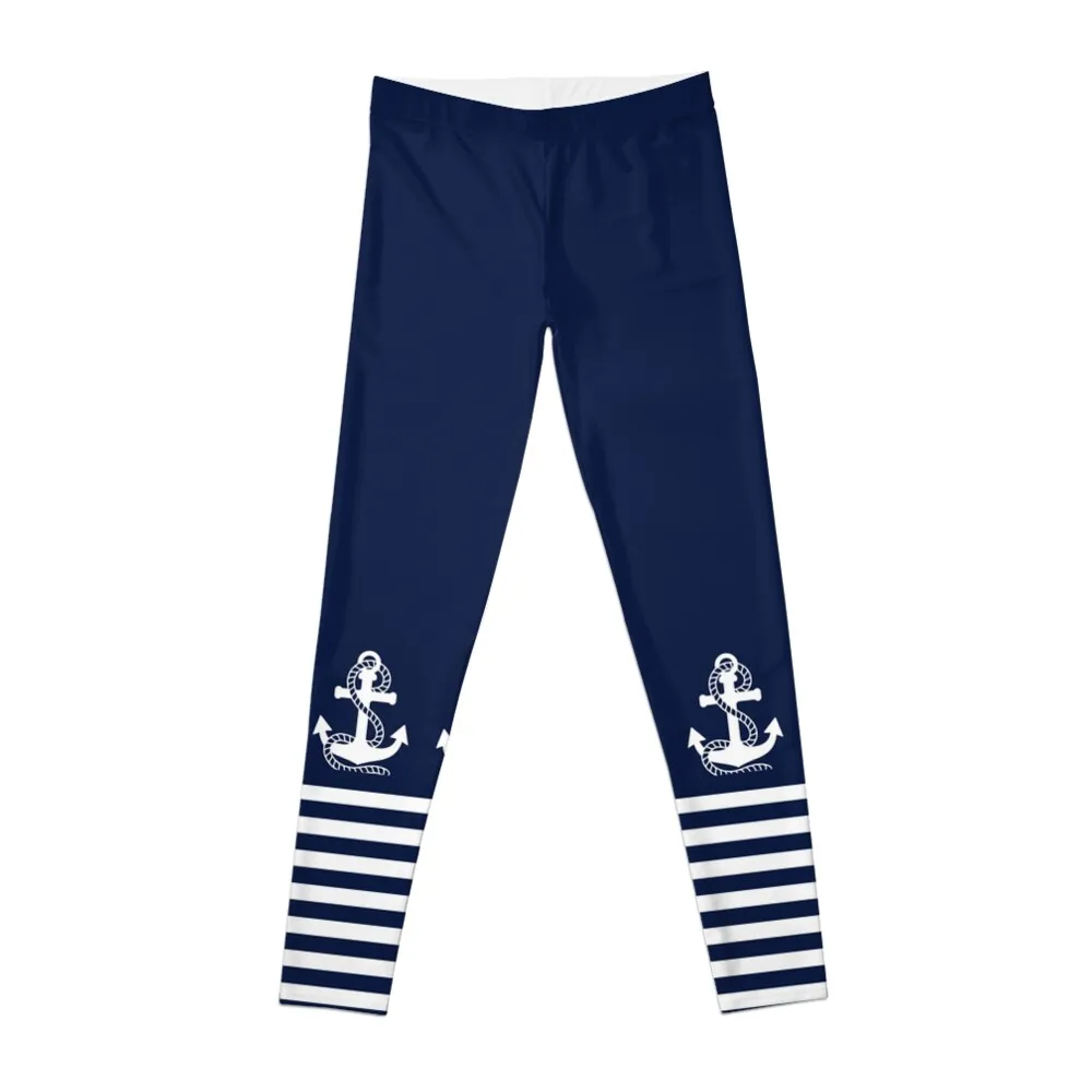 Леггинсы в морскую темно-синюю полоску и белый якорь, штаны для бега, спортивная одежда, женские леггинсы для спортзала