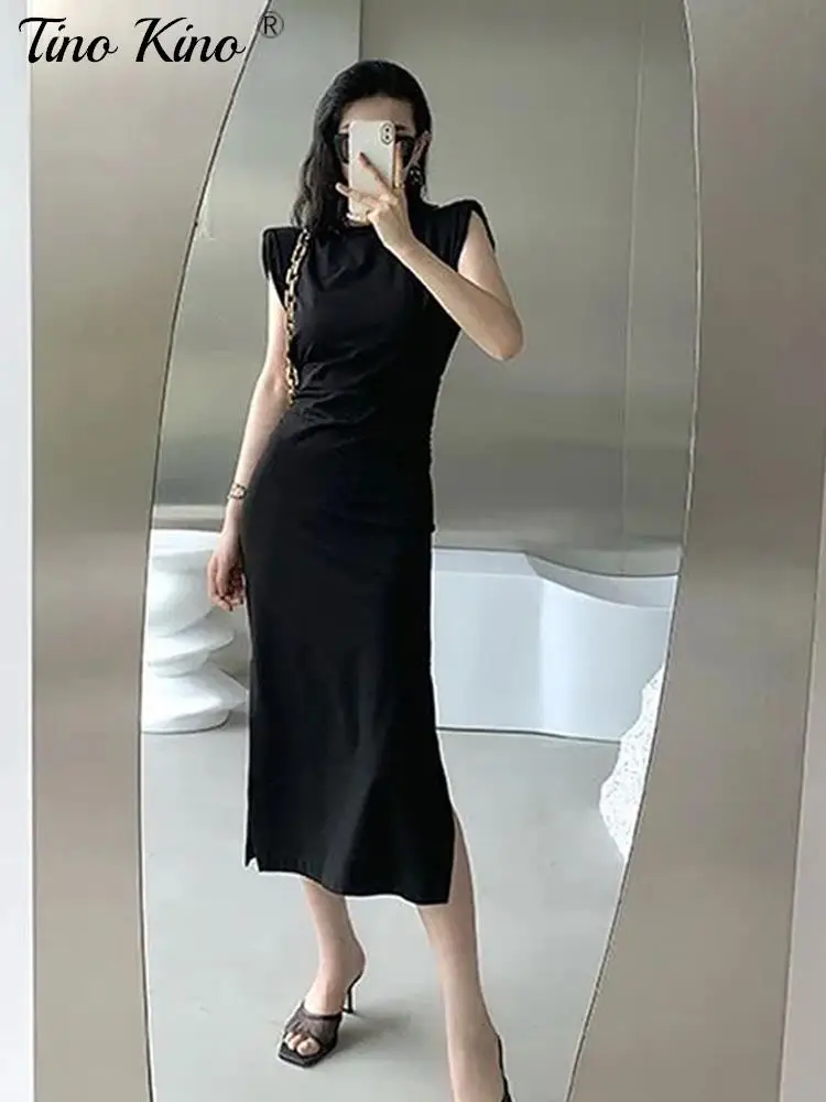 Офисное платье с разрезом, женская накладка на плечо, Облегающие черные женские платья без рукавов с высокой талией, Весенний элегантный классический халат с круглым вырезом