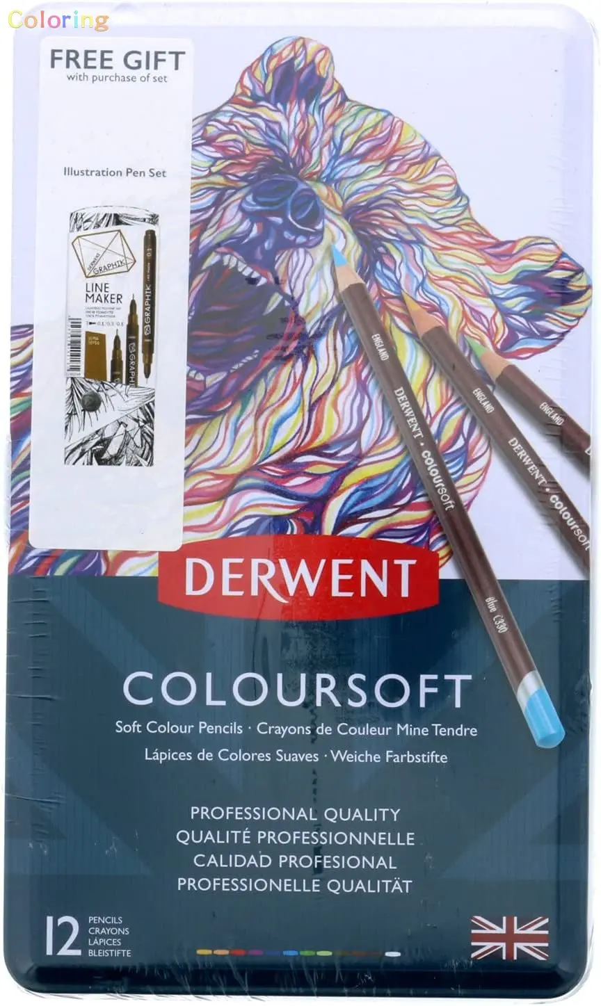 Цветной карандаш Derwent Coloursoft, 1 количество (упаковка из 1), многоцветный, 12 цветов, первоклассное качество, насыщенный пигмент, ровный кремовый слой.