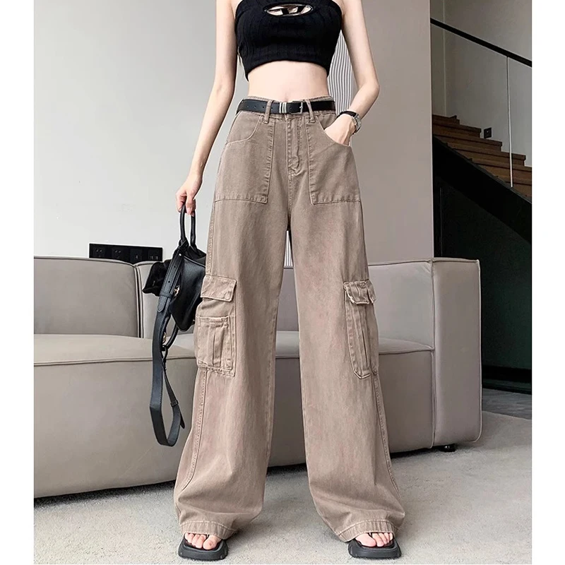 Женская одежда Y2K, винтажные брюки-карго с высокой талией, широкие брюки, Тонкие Свободные джинсовые брюки, тянущиеся брюки, Летний Корейский стиль 2023 г.