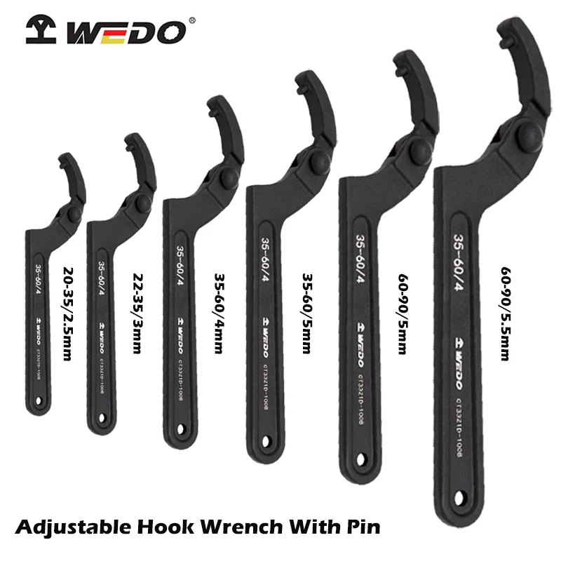 Крюковой ключ WEDO со штифтом, Регулируемый, Одноразовая штамповка, сильный крутящий момент, Высокая прочность, Покрытие черным напылением, хромированная сталь 40