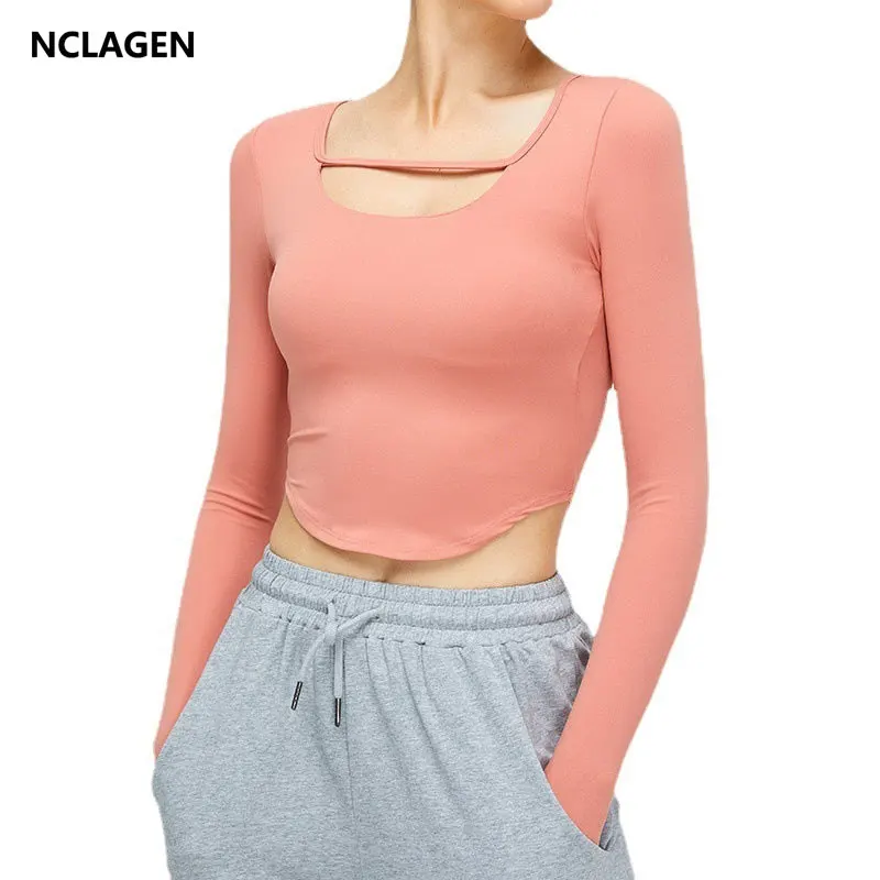Женские рубашки для йоги NCLAGEN, быстросохнущая одежда для спортзала, высокоэластичный спортивный топ, сексуальные блузки для тренировок, футболка для бега.