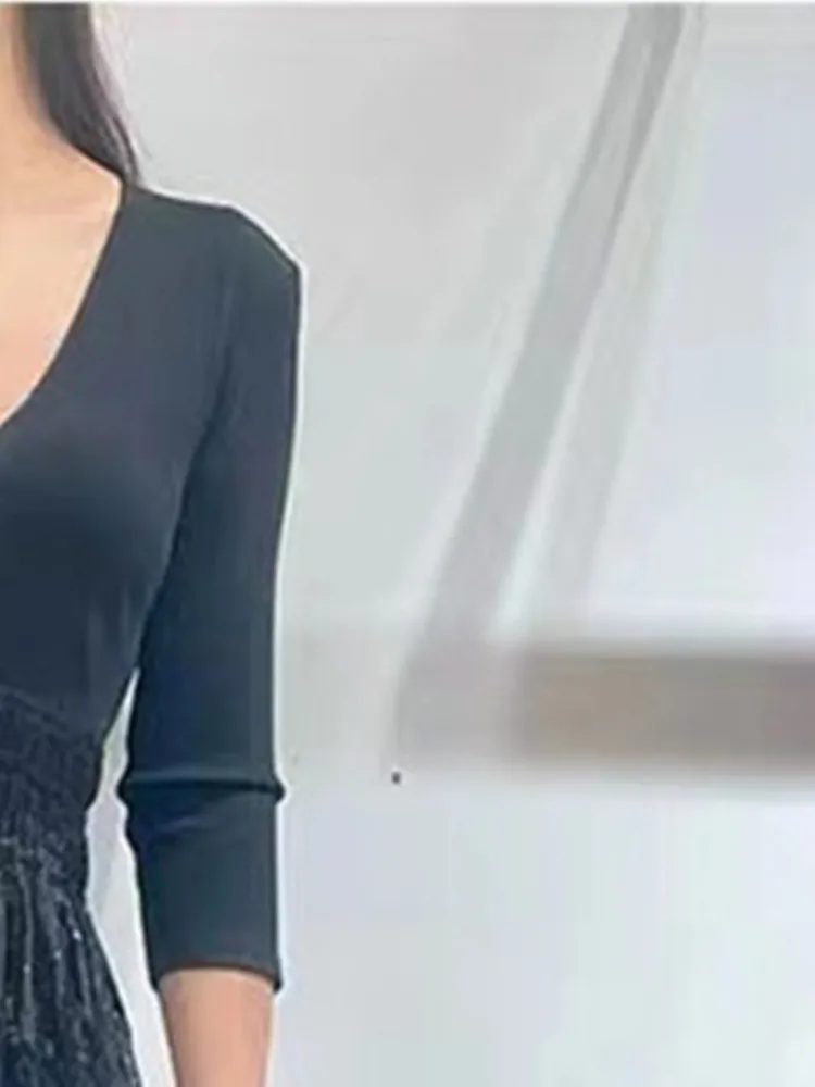 Женское черное платье, расшитое сеткой с пайетками, V-образный вырез, высокая талия, модные халаты Миди для женщин