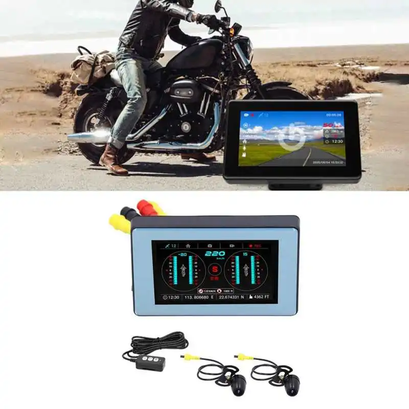 3,9-дюймовый видеорегистратор для мотоцикла с широким углом обзора 150 ° IP67, водонепроницаемый видеорегистратор с двумя камерами GPS HUD
