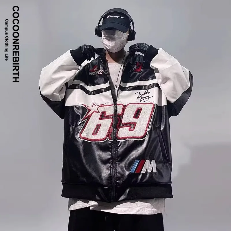 Американская винтажная гоночная мотоциклетная кожаная куртка, мужская лоскутная вышивка с буквами, Свободное Повседневное Ветрозащитное бейсбольное пальто в стиле панк