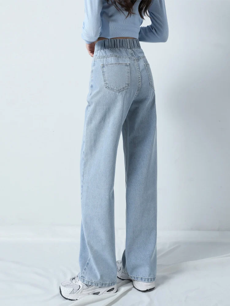 Летний стиль, мешковатые брюки, джинсы, высокая талия, женские джинсовые брюки с эластичной резинкой на талии, прямые брюки, свободный крой, уличная мода