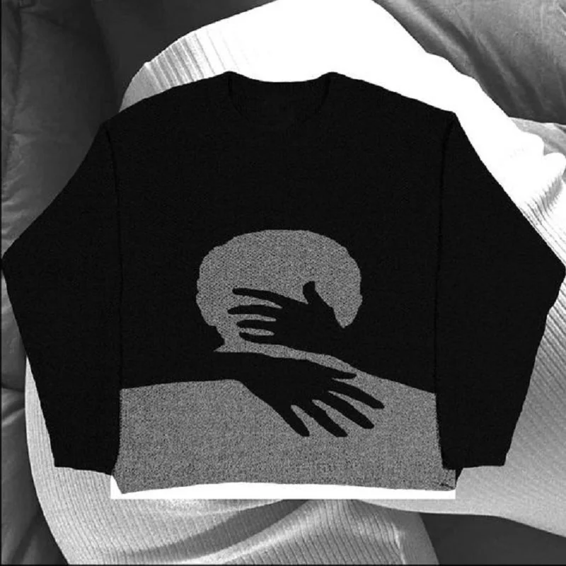 Винтажный Черный вязаный свитер в стиле Харадзюку Y2K для мужчин и женщин, Зимний Оверсайз, Рок, Хип-Хоп, креативный принт, Рэп, ЭМО Пуловер, свитер, топ