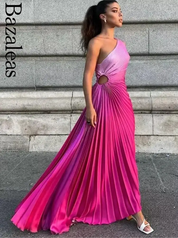 2023 Bazaleas Store Traf Розово-Фиолетовое Градиентное платье С косым Вырезом, Асимметричное Элегантное И Красивое Женское платье