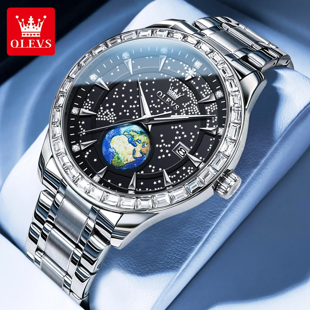 Мужские часы OLEVS, лидирующий бренд, оригинальные кварцевые наручные часы с водонепроницаемым кожаным ремешком, мужские повседневные часы со светящимся циферблатом Earth.