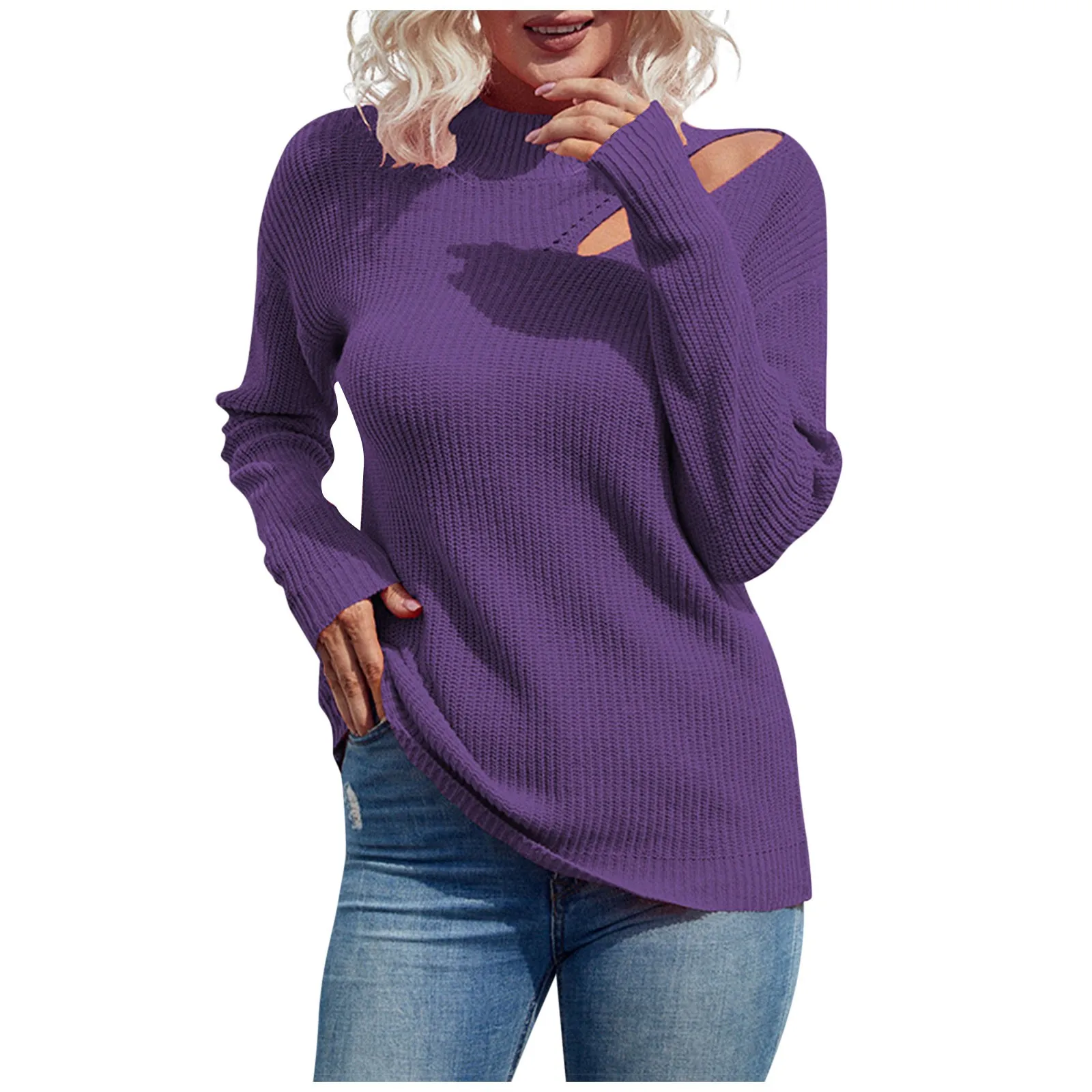 Женский осенне-зимний однотонный пуловер с полувысоким воротником и заниженными плечами, вязаный свитер, модный облегающий свитер с низом.