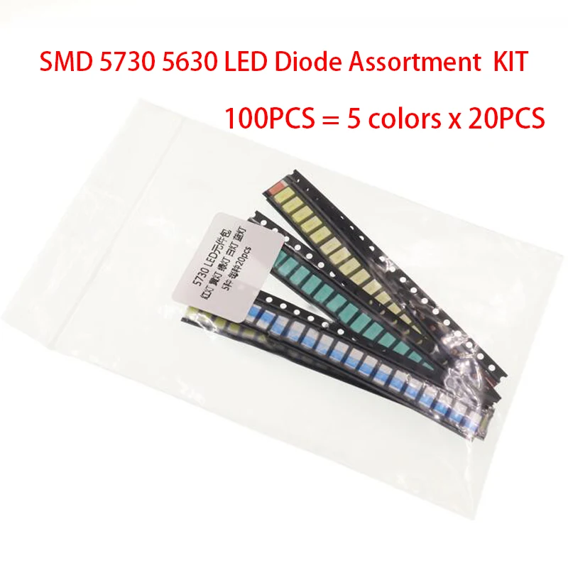 100ШТ = 5 цветов x 20ШТ SMD 5730 5630 Ассортимент светодиодных диодов Комплект Светодиодных диодов Зеленый/ КРАСНЫЙ/Белый/синий /желтый