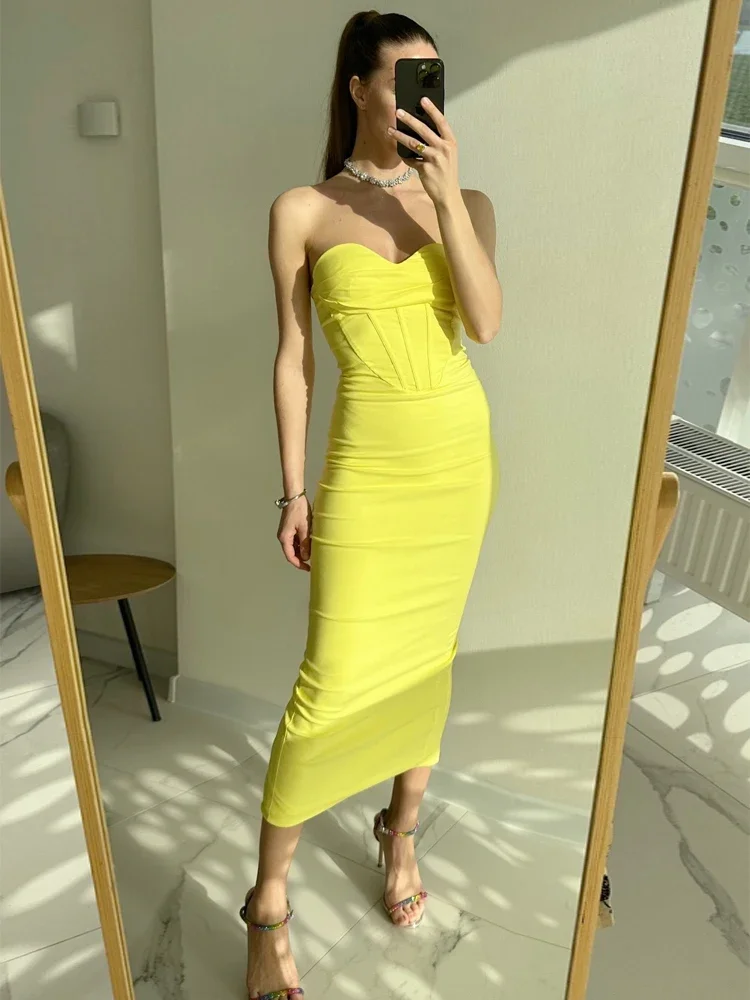 Женское летнее облегающее вечернее платье, желтое длинное платье Макси, сексуальное элегантное платье без бретелек для вечеринок знаменитостей, прямая поставка