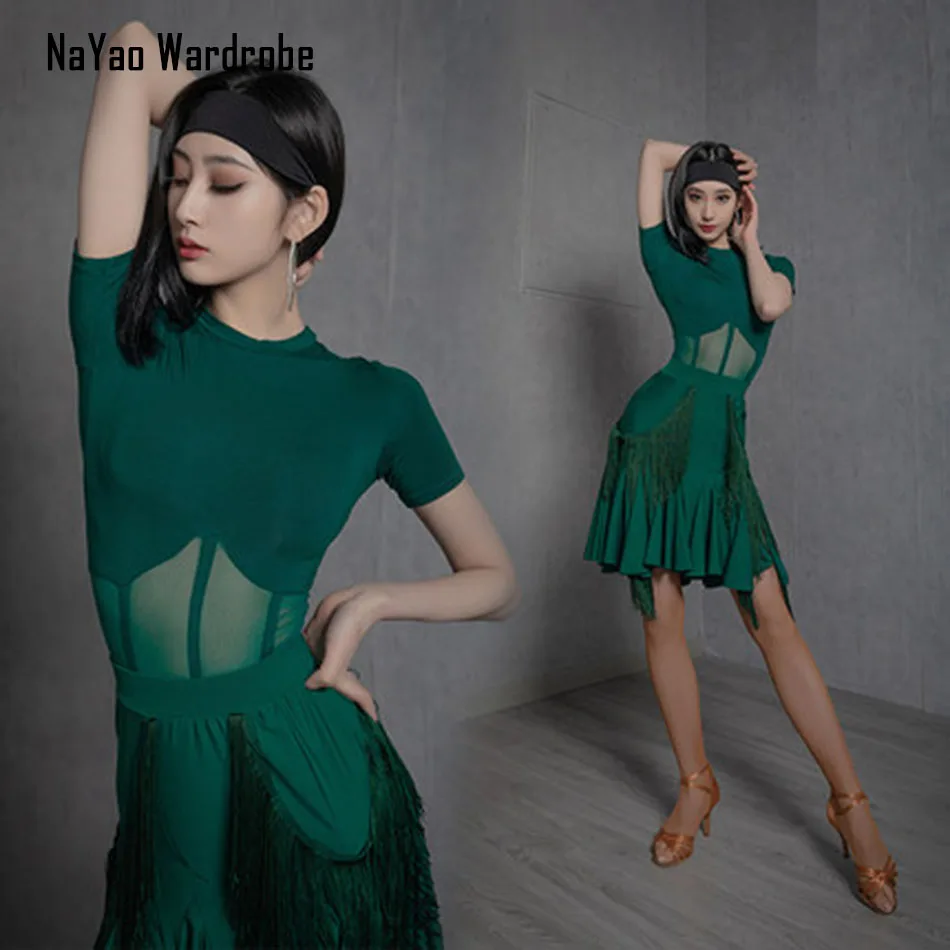 2022 YS255, Женское платье для латиноамериканских танцев в стиле пэчворк с коротким рукавом, Женские танцевальные топы для выступлений, Костюм для бальных танцев