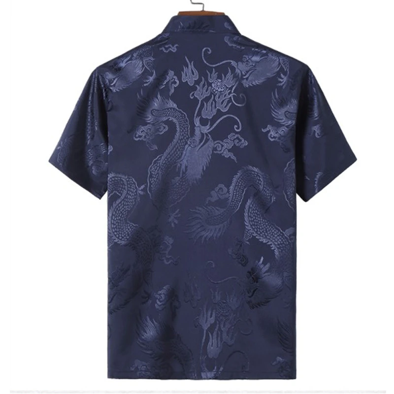 Китайский Традиционный мужской костюм Тан с вышивкой Дракона С коротким рукавом Форма Тайчи ушу Одежда Свободная Повседневная мужская рубашка кунг-фу